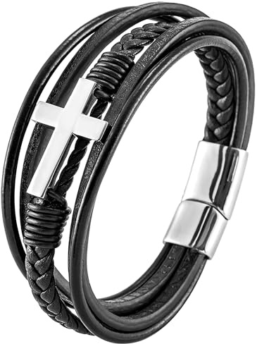 Mochity armband herr, läderarmband män svart, viking herrarmband, armband rostfritt stål för män, män presenter, 21cm, Läder, Rostfritt stål