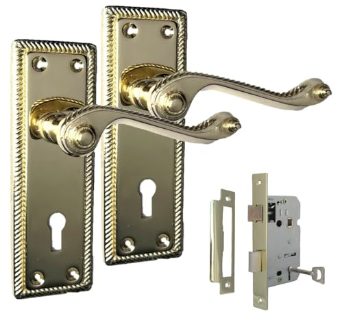 Epsom Door Handle Georgian Style Scroll Brass Door Handles with 3 Lever Sash Lock Internal Lever Handle Set with 150mm X 42mm Backplate (1 Pair)