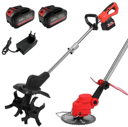 21V Cordless Grass Strimmer & Tiller Rotavator Set, 2 in 1 Lightweight Electric Grass Cutter & Garden Cultivator with 2 x 20000mAh Battery and Charger, For Lawns and Farmland