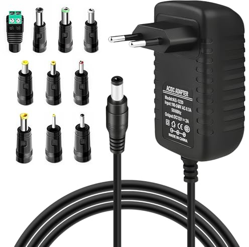 Arvoni 12V 2A Adaptateur Universel, 24W Chargeur Universel, Adaptateur Secteur Alimentation 12V, Transformateur d'alimentation AC DC avec 10 Prises pour Électroniques Bandes LED Routeurs Caméras CCTV