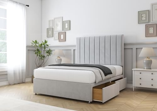 Comfort Beds Tokyo Divan Base with 2 Drawers (Same Side) and Matching 26 inches Headboard without mattress (Plush Silver, 4FT6 Double)