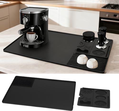 Silicone Coffee Machine Mat with Detachable Tamp Mat for Countertop Coffee Machines, Non Slip Coffee mat with Raised Edges, Heat-Resistant Coffee Mat for Espresso Machine and Worktop, 61x40cm