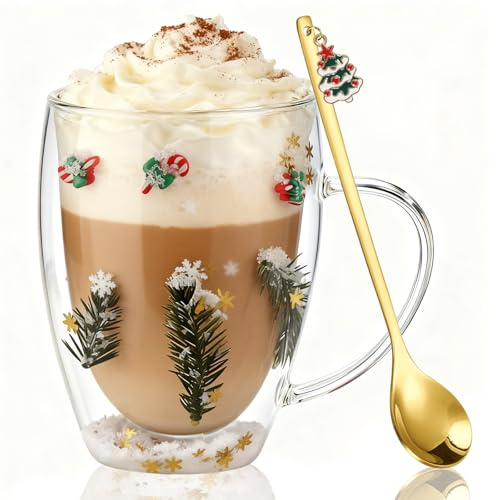 Julkaffekopp 350 ml, julmugg kaffe teglas, dubbla väggiga glas, söta kaffekoppar med sked, mikrovågsugnssäker diskmaskinssäker, julklappar för familj vänner