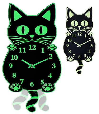 Fomaris 20 Inch Wooden Cat Clock with Moving Tail - Glow in The Dark Silent Funny Wall Clocks Battery Operated for Living Room Bedroom Decor
