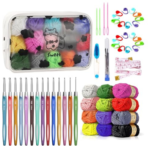 7CDXD Kit Uncinetto per Principianti con 12 Gomitoli di Filato, 14 Uncinetti, 4 Aghi, Accessori e Borsa Portautensili Set di Uncinetto Starter kit