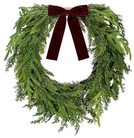 Christmas Wreath with Burgundy Velvet Bow - 55cm Artificial Norfolk Cedar Pine Holiday Wreaths Winter Greenery for Front Door Window Wall Porch Mantel Farmhouse Indoor Outdoor Home Decor (Green)