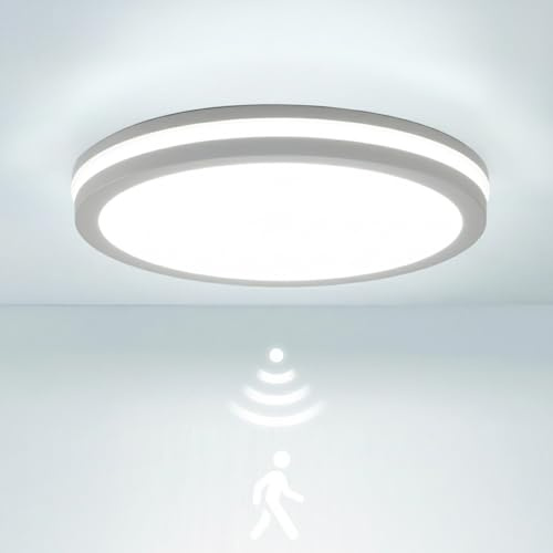 LEZOE LED Deckenlampe mit Bewegungsmelder IP65 Wasserdicht, 12W/18W 2700lm 150(Lm/W) Sensor Deckenleuchte 3000K/4000K/6500K Feuchtraumleuchte Ideal für Bad, Garage, Keller, Garten, Balkon, Diele Ø22cm