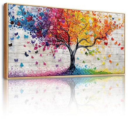 SERIMINO Quadro Moderno Colorato Albero Della Vita con Cornice 50x100 cm | Motivo Albero‑Farfalla Naturale, Cornice Legno Massello, Stampa Alta Definizione, Installazione Semplice, Multi‑Scena Casa