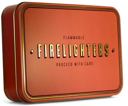 TINIT Firelighter Tin - Storage Accessory Metal Tin Natural Woodburner Fire Stove Fireplace Fireside Mens Gift Present BBQ Match Homewarming Present Kitchen Christmas | Firelighters (Gold on Orange)