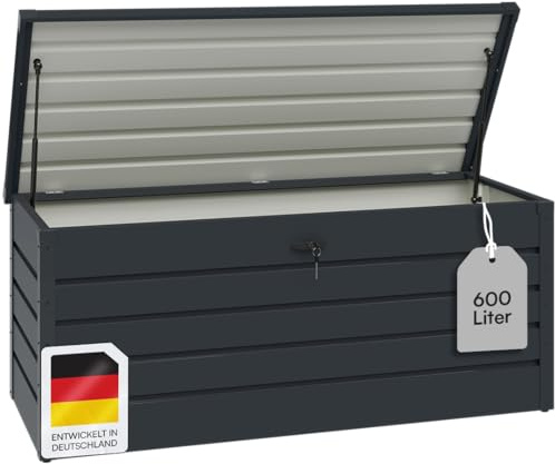STEELSØN Dorado Gartenbox aus verzinktem Metall 600 Liter – Outdoor Box wasserdicht Anthrazit – Auflagenbox abschließbar mit klappbarem Deckel – Aufbewahrungsbox Garten/Balkon/Terrasse 165x70x63 cm