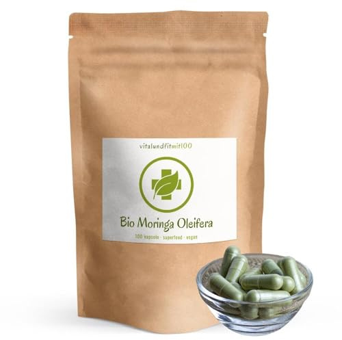 vitalundfitmit100 Bio Moringa Kapseln – 100 Kapseln hochdosiert – Rohkostqualität – Vegan