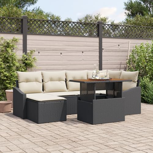 RMIHSJG 7-TLG. Garten-Essgruppe mit Kissen Schwarz Poly Rattan Akazie Eckstuhl Zweisitzer Sofa Set für Terrasse Balkon Gartenmöbel Outdoor Polyrattan
