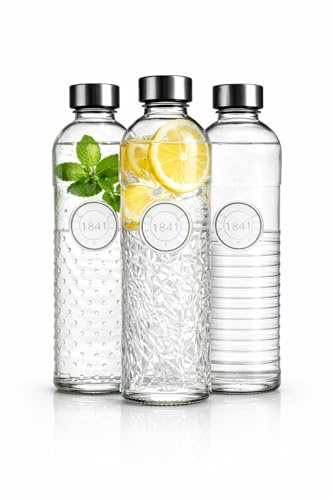 happyTeri Glas Wasserflasche 1L - Luftdichte Trinkflasche mit Schraubverschluss - Vintage Design für Wasser & Saft - Kühlschrankgeeignet - (3er Set)