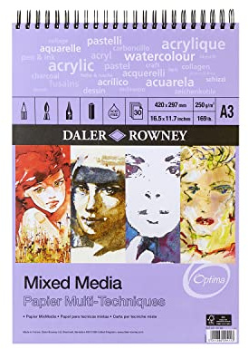Daler-Rowney Optima Bloc Multitécnica 250g A3 30 Hojas Blancas | Ligeramente texturizado, técnica mixta, almohadilla en espiral, sin ácidos, para artistas profesionales y estudiantes