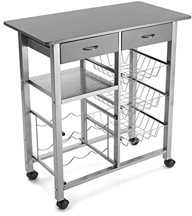 Versa Leicester Küchenwagen mit Rädern, Schubladen und Flaschenregal, Gemüsehändler, Küchenablage, Maßnahmen (H x L x B) 82 x 40 x 76 cm, Holz und Metall, Farbe: Grau