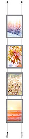 A4 Portrait Landscape Hanging Snap Frame Ceiling To Floor Steel Rope Window Display Mitered Aluminium Posters Holder Click Frames Picture Clip Retail Notice Boards (Kit with 4 Frames)