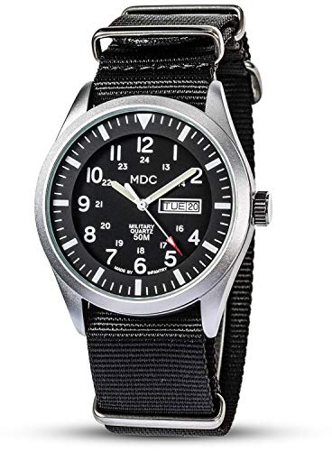 Infantry MDC Montre militaire pour homme avec affichage de la date et du jour 12/24 heures Montre tactique étanche 5 ATM avec bracelet OTAN Noir, Argenté., Bracelet