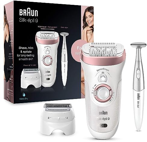 Braun Silk-pil 9 Epilator for Long-Lasting Hair Removal with Electric Shaver & Trimmer & Bikini Trimmer, 100% Waterproof, UK 2 Pin Plug, 9-890, White