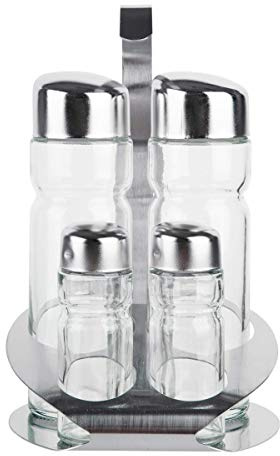 FMprofessional Menage 5-teilig BASIC, Gestell aus Edelstahl, je zwei Gießer und zwei Streuer aus Glas und Edelstahl, hochwertiges Tischgestell, praktische Ölspender, nützliche Gewürzgläser