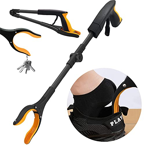 Reacher Grabber, Kinear 32 Foldable Pick Up Long Arm Reacher with Shoehorn Magnetic Tip 360° Rotating Head Reaching Assist Tool Trash Picker for Elderly Disabled
