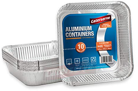 Caterserve 10 Aluminium Foil Trays with Lids - Large Tin Foil Containers with Paper Lids for Roasting, Baking, Broiling, Cooking, Food Storage and Freezing | 9 x 9 inch Square
