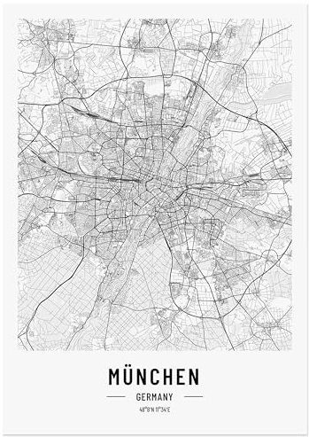 JUNOMI® München Poster DIN A2 Schwarz-Weiss, Wohnzimmer Deko, Modernes Wandbild, Stadtplan Poster, perfekte Geschenkidee für Münchener