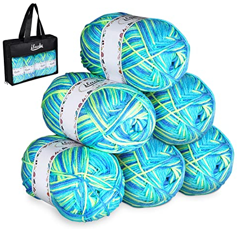 ilauke Wolle zum Häkeln Baumwolle, 300g(6x50g) Häkelgarn Bunt Farbverlauf, Acrylgarn zum Stricken mit Tragetasche, Weiches Mehrfarbiges Garn Set, Häkelwolle und DIY Kunsthandwerk (Gelb + Blau)