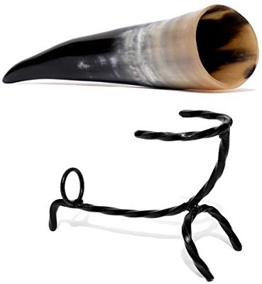 Brillibrum Tasse design en corne de vache véritable polie avec poignée - Verre viking - Chope à bière médiévale unique (400 ml, corne de vache polie avec support)