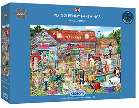 Pots & Penny Farthings Age 8+ | 2000 Piece Jigsaw | British Nostalgia | Val Goldfinch | Sustainable Jigsaw Puzzle for Adults | Premium 100% Recycled Board | Great Gift for Adults | Gibsons Games