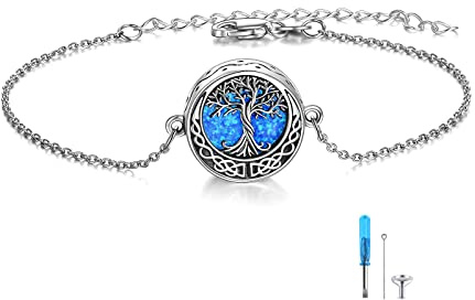 YAFEINI Baum des Lebens Urne Armband für Asche 925 Sterling Silber blauer Opal Baum des Lebens Feuerbestattung Andenken Anhänger Medaillon Armband für Frauen