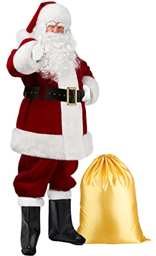 SuBleer Deluxe Santa Claus Costume for Men-9-Piece Set,Velvet Santa Suit with Hat, Beard & Accessories - Christmas Party Santa Outfit for Adults
