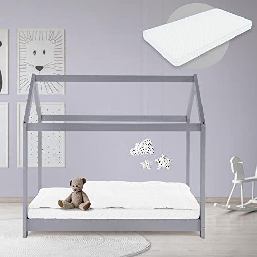 ML-Design Barnsäng 70x140 cm ljusgrå med madrass, tak och lamellram, hussäng för tjejer och killar, barnhus av furu, stabil ungdomssäng, massivträ barnsäng, sänghus leksäng