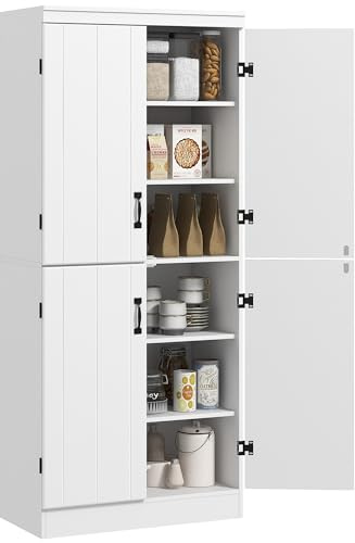 HOMCOM Armoire de Cuisine Haute à 4 Portes, Meuble de Rangement Autonome à 6 étages avec 2 étagères réglables pour Salon, Salle à Manger, Blanc
