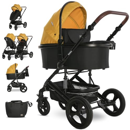 Lorelli Kinderwagen Boston 2 in 1 inkl. Babywanne und Sportsitz, Baby Kombikinderwagen bis 22kg, Zusammenklappbar, Große Räder, Großer Einkaufskorb, Fußsack, Federung, Organizer Tasche, Gelb