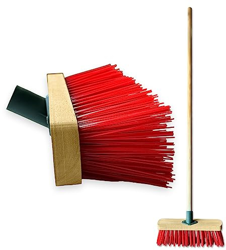 12” Broom Outdoor Yard Broom Sweeping Brush Strong PVC Bristles with Wooden Handle Garden Brooms for Cleaning Patio Yards Driveways Warehouse and Garage (RED)