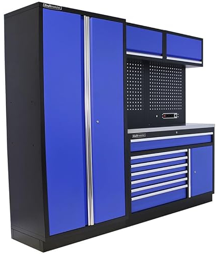 Kraftmeister Iowa Werkstatteinrichtung - Männerküche mit 7 Schubladen und 4 Schränken - Werkzeugschrank, Garage - modulares Werkbank mit Edelstahl-Arbeitsplatte und Werkzeugwand - Blau