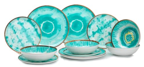 Flamefield Non-Slip Boho Dream Set de salle à manger en mélamine, 12 pièces, stable et résistant aux déchirures, lavable au lave-vaisselle, résistant à la chaleur pour dîners aventureux