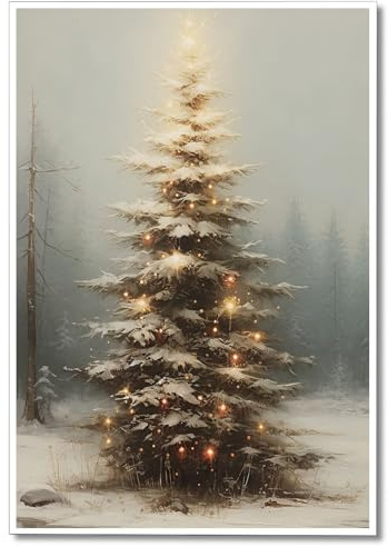 XMQQLL Vintage Weihnachtsbaum Leinwand Wandkunst, beleuchteter Weihnachtsbaum, Gemälde, Poster, gedämpft, neutral, stimmungsvoll, rustikal, Winter-Bilddrucke für Wanddekoration,