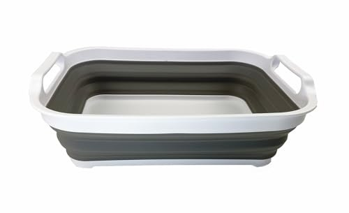 SAMMART 7L (1.85 Gallons) Collapsible Tub - Foldable Dishpan - Portable Washing Basin - Space Saving Plastic Sink Tub, Outdoor Kitchen Storage Tray (1, White/Grey)