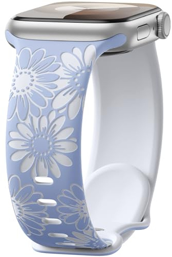 Maledan Blommig graverad rem kompatibel med Apple Watch-remmar 41 mm 40 mm 38 mm 42 mm för kvinnor, tvåfärgad blomma mjukt silikon sportband för iWatch-rem SE serie 11 10 9 8 7 6 5 4 3 2 1, lila/vit