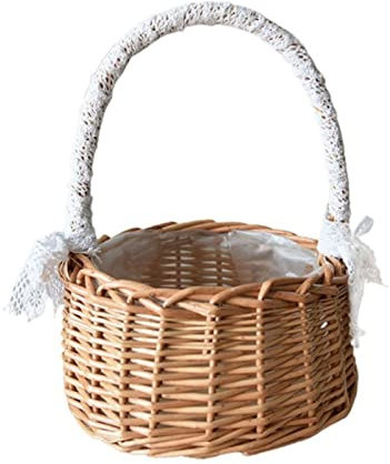 Rattan-gewebter Aufbewahrungskorb mit Griff, Hochzeits-Blumenmädchen-Körbe, Brot-, Obst- und Gemüsekorb, Weidenspielzeug-Picknickkorb für Zuhause, Hochzeit, Gartendekoration (L)