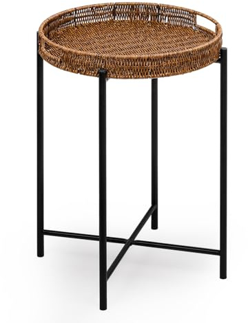 DINGTAI Piccolo tavolino rotondo in vimini, tavolini in rattan con vassoio rimovibile, tavolino impermeabile per divano, tavolino da caffè 40,6 cm, tavolini per interni ed esterni per patio,