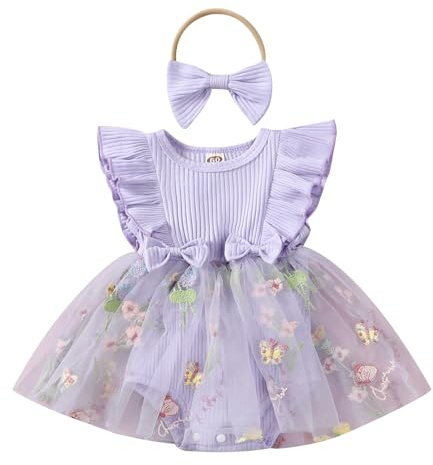 Odizli Robe d'été à manches courtes pour bébé fille avec broderie florale + bandeau, tenue d'anniversaire, séance photo, lilas, 0-3 mois