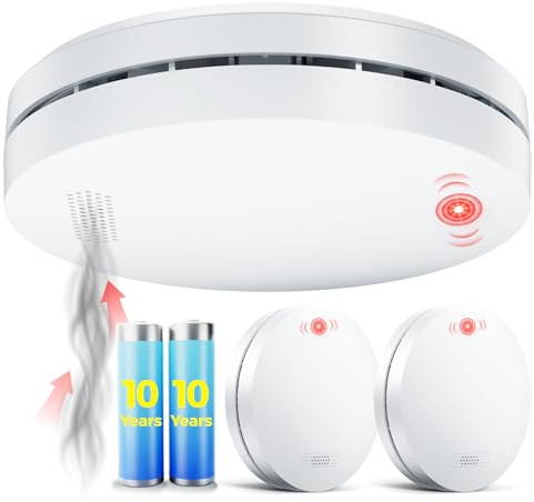Detector de Humo con Batería de 10 Años, Victorias en Las Pruebas DIN EN 14604, Alarma de Incendio, Autoadhesiva, Detector de Humo >85dB - 3 Pieza