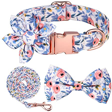 Hundehalsband und Leine Set mit Blumen für mittlere und große Hunde, Hundehalsband mit Blumen und Fliege, verstellbares Halsband, Geschirre, Halsbänder Leinen für Hunde (Blumenblau, M)