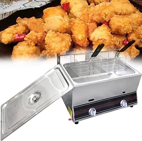 Friteuse commerciale, machine à frire de cuisine, friteuse à gaz 20 L avec paniers, puissance de feu réglable, friteuse à gaz de comptoir en acier inoxydable, for friteuses à frites(Double basket)