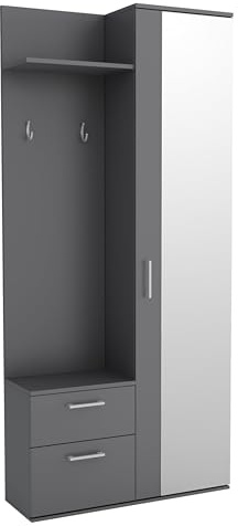 Garderobenschrank Flur 90 cm Breit Watford, Flurgarderoben Set mit Spiegel, Schuhschrank und Regalen, Vorzimmer Flur Möbel - Grau