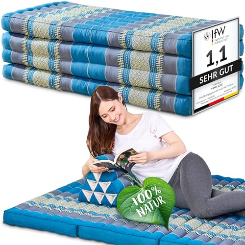 Namasdee Klappmatratze 200x110x8cm mit 100% natürlicher Kapokfüllung (Hellblau)