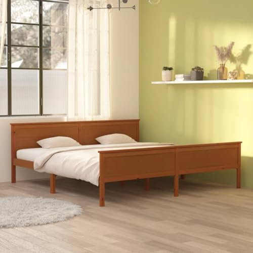 OHOOWOO Massivholzbett Honigbraun Kiefernholz 200x200 cm,Einzigartiges MassivholzDoppelbett für eine erholsame Nachtruhe im rustikalen Stil