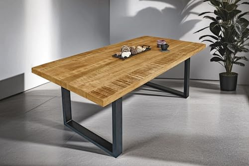 SAM Esstisch Libro 160x85 cm Mangoholz gerade Kante U-Gestell schwarz | Esszimmertisch massiv, raue Oberfläche, Metallgestell